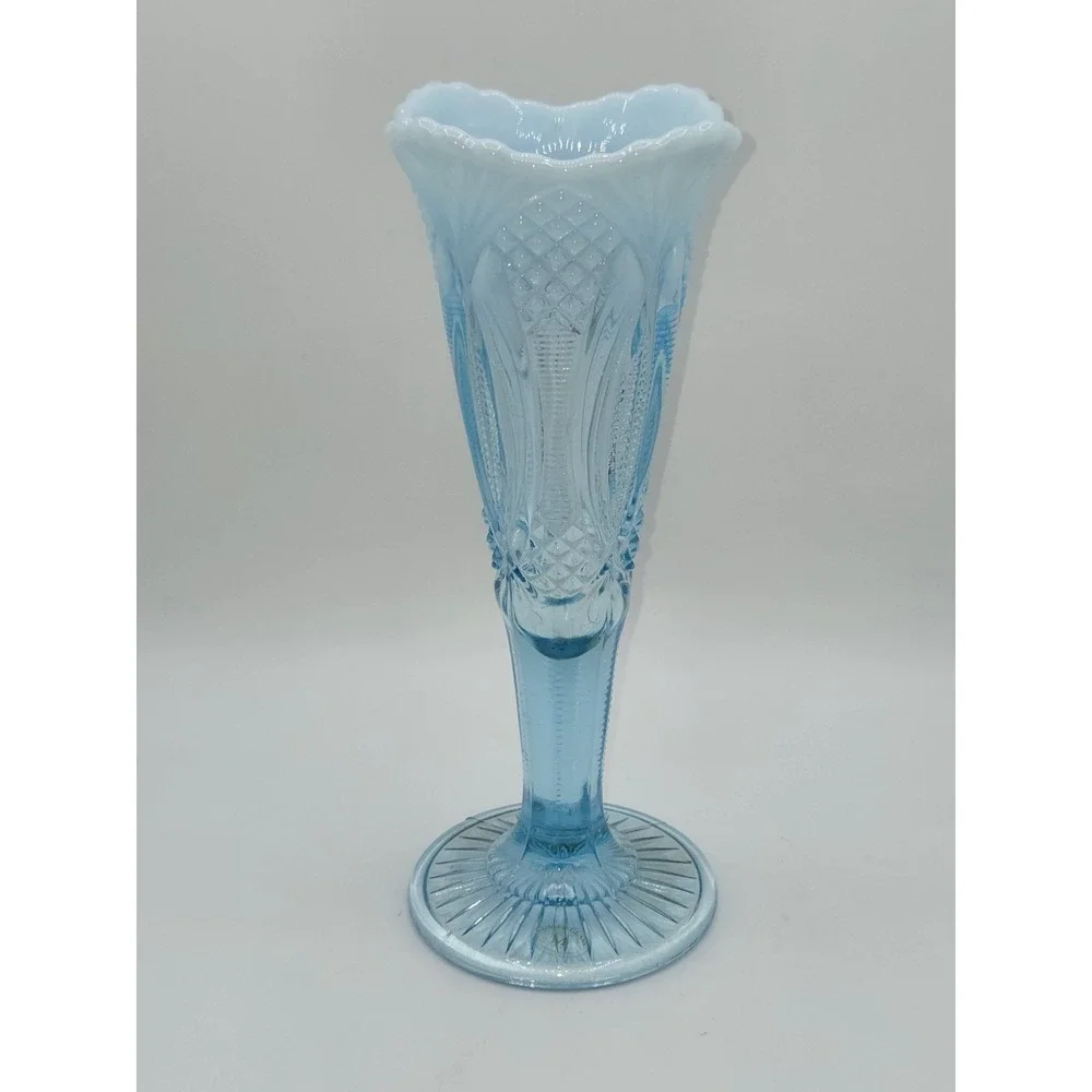 Mosser‎ 1970s Aqua Opalescent Glass Vase Diamond Pattern Pedestal Vase 10